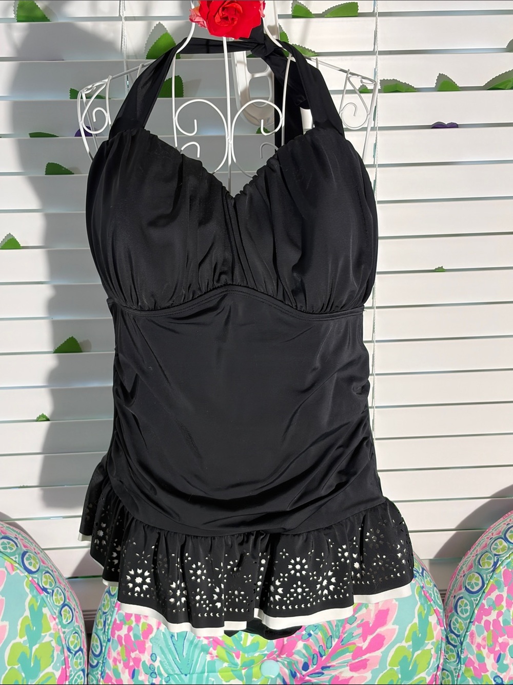 Tropical Escape Black Halter Swimdress with Laser-Cut Cream Ruffle Hem